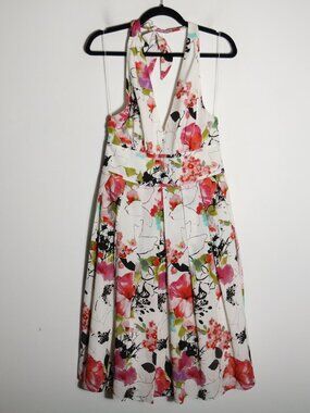 Adrianna Papell Floral Printed Halter Sleeveless Dress 10 White Fit Flare